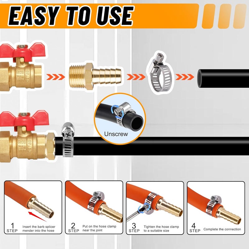 Ailbiuko 48PCS Brass Hose Barb Fittings,Barb Splicer Mender 3/16" 1/4" 5/16" 3/8" 1/2" 5/8" and Male Thread Adapter 3/8" Barbed to 1/4" NPT, 1/4" Barbed to 1/4" NPT Male with 96Pcs Pipe Hose Clamps - Image 5